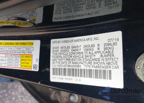 2019 Honda Accord Sport 2.0T из США, поврежденный, VIN 1HGCV2F38KA030583